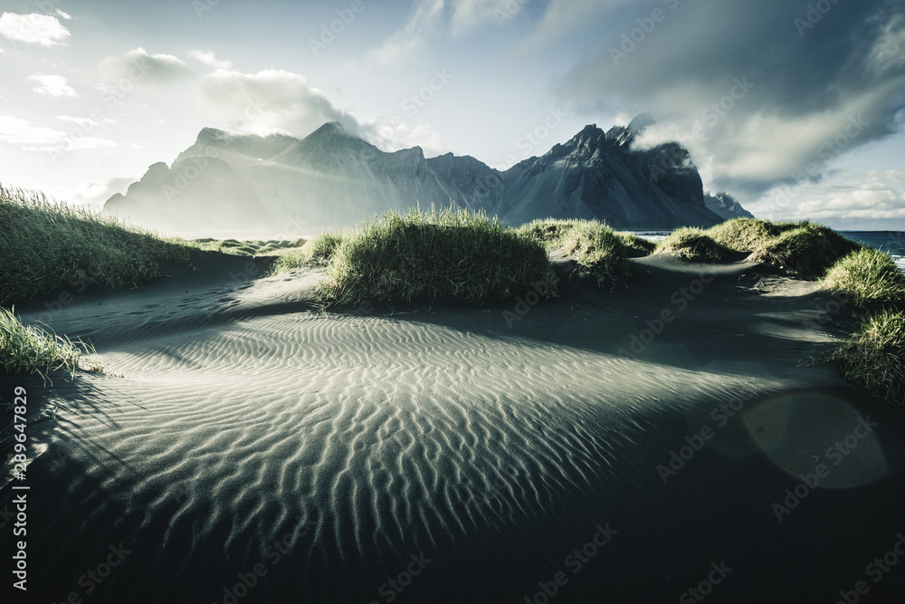 Fototapeta premium Location place Stokksnes cape, Vestrahorn (Batman Mountain), Iceland, Europe.
