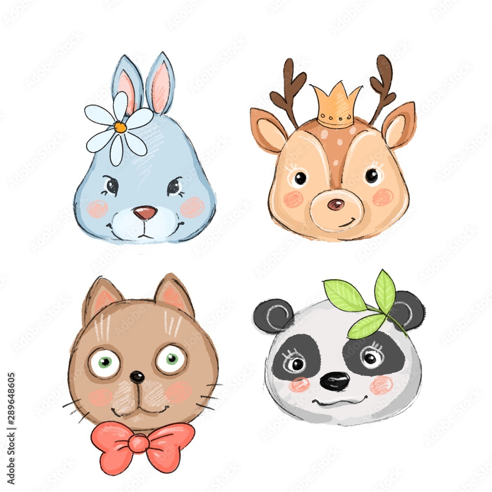 Fototapeta premium set of cute animals. Rabbit, panda, deer and cat