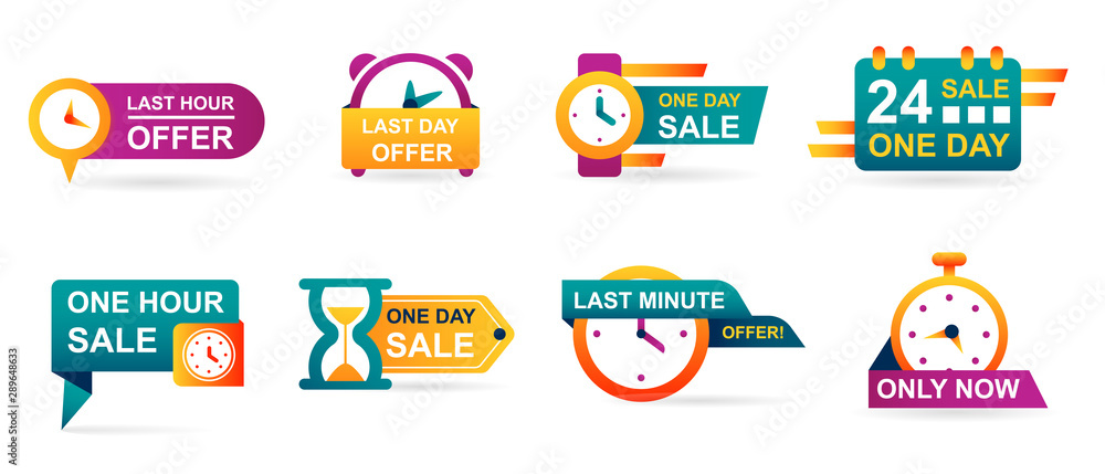 Set of sale countdown badges and stickers. Last minute offer banner, one day sales and 24 hour sale. Shopping limited time offer. Collection best deal badge isolated vector.