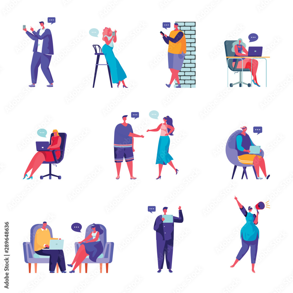 Fototapeta premium Set of flat people social network characters. Bundle cartoon people chat in forums and blogs on white background. Vector illustration in flat modern style.