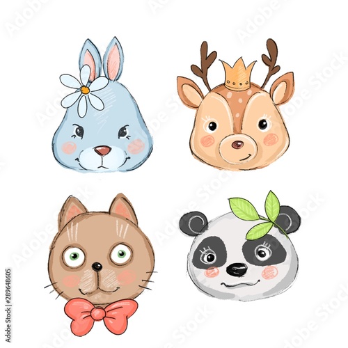 set of cute animals. Rabbit, panda, deer and cat