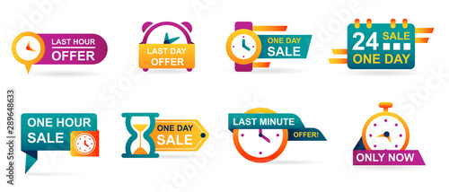 Set of sale countdown badges and stickers. Last minute offer banner, one day sales and 24 hour sale. Shopping limited time offer. Collection best deal badge isolated vector.