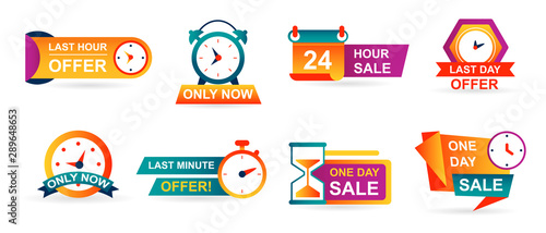 Set of sale countdown badges and stickers. Last minute offer banner, one day sales and 24 hour sale. Shopping limited time offer. Collection best deal badge isolated vector.