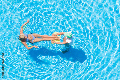 Top view of a man and woman in an outdoor pool.
