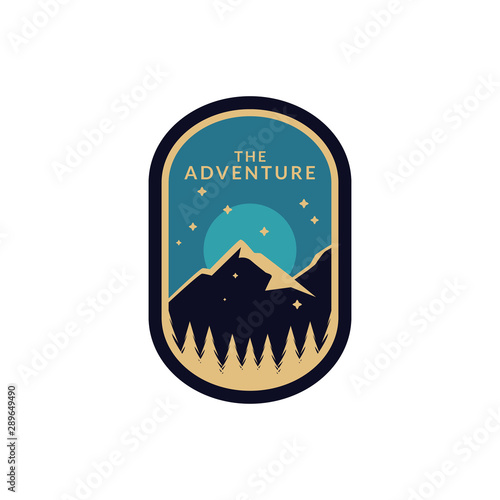Explore and Adventure Forest camp labels emblem in vintage style with blue colour. outdoor mountain logo badge for adventure, explorer, camping and hiking logo patches.