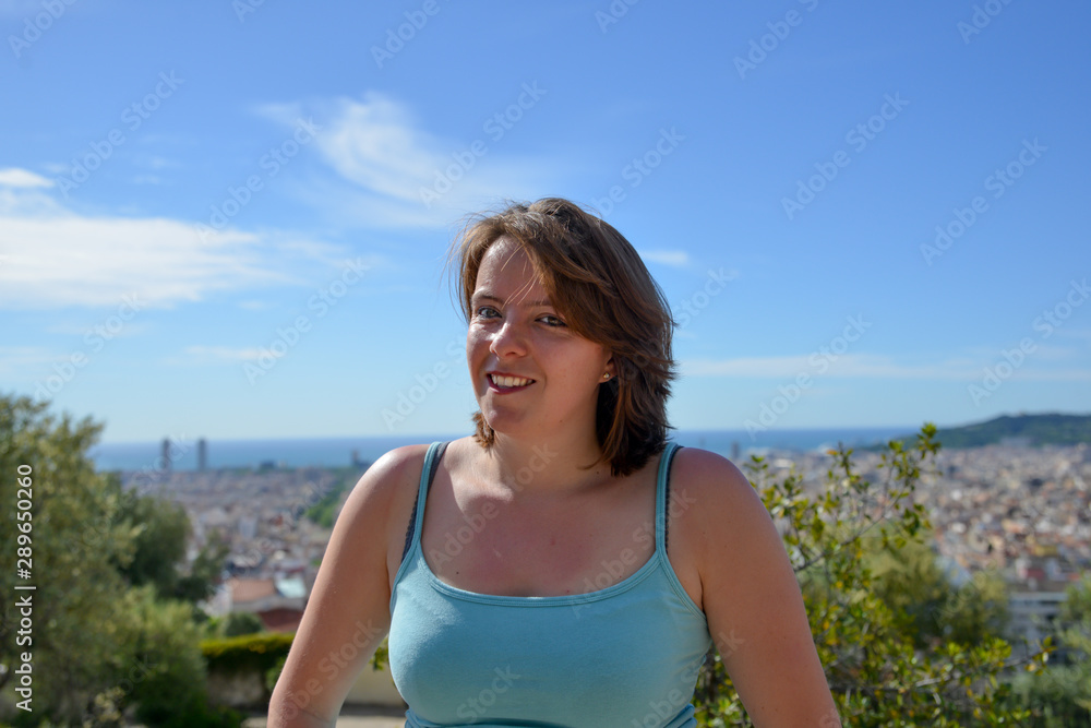 portrait of young woman on the background of blue sky portrait of young woman on the background of blue sky