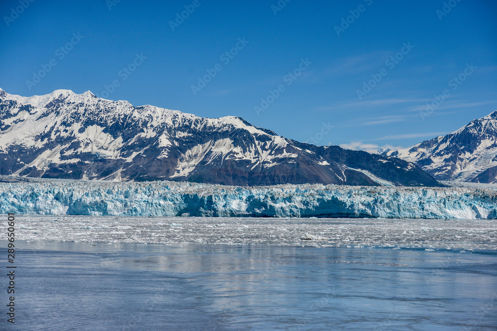 Hubbard Glacier in the sunshine with icebergs floating in the water. 