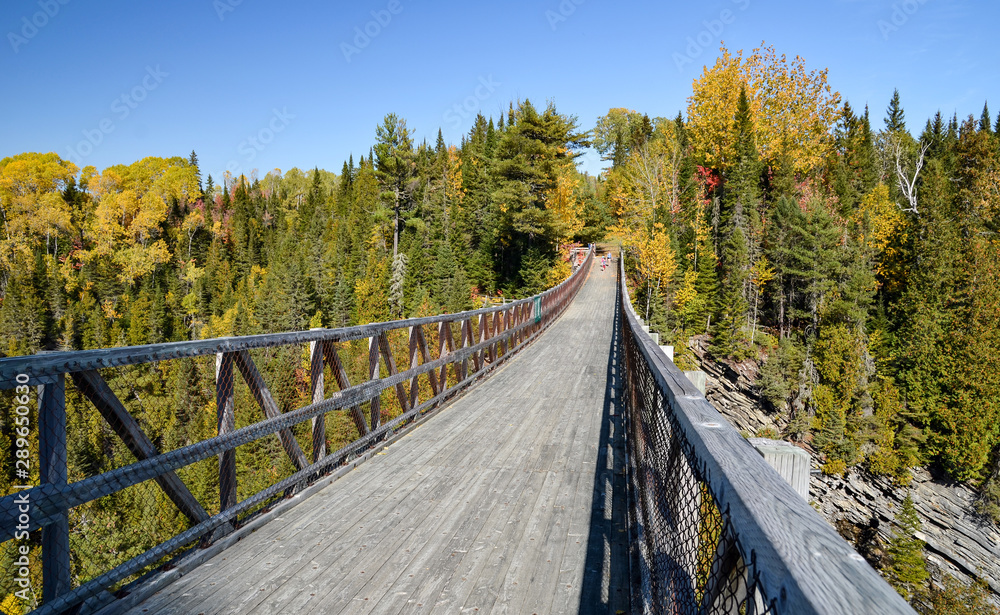 Wooden footbridge suspended between the two walls of river Rimouski in the The Canyon des Portes de l’Enfer (hell’s gate canyon) in Saint-Narcisse-de-Rimouski, Quebec, CANADA.