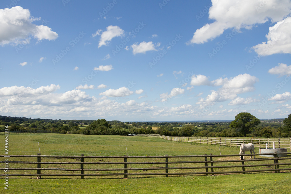 Rural landscape with fence and blue sky, typical English countryside. 