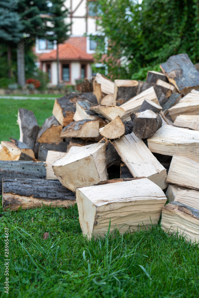 Pile of firewood prepared to heating house in the background Pile of firewood prepared to heating house in the background
