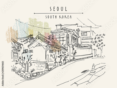 Seoul, South Korea. Hanok Bukchon. Hand drawn vintage touristic postcard