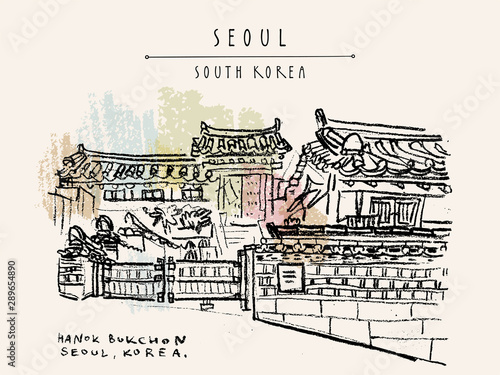 Seoul, South Korea. Hanok Bukchon. Hand drawn vintage touristic postcard