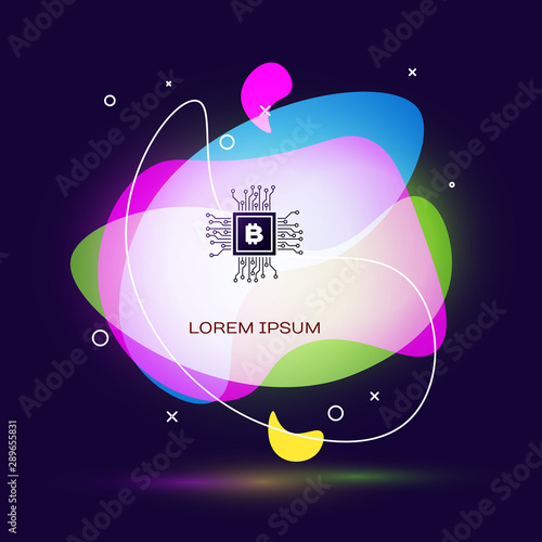 Black CPU mining farm icon on dark blue background. Bitcoin sign inside processor. Cryptocurrency mining community. Digital money. Abstract banner with liquid shapes. Vector Illustration