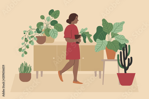 Vector illustration in flat simple style with female character - crazy plant lady, modern poster or print. Stylish girl in scandinavian interior