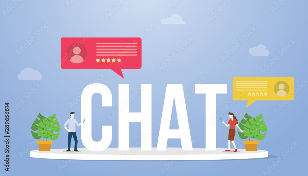Naklejka premium chat big text or word with people chatting and holding smartphone and chat icon with modern flat style - vector