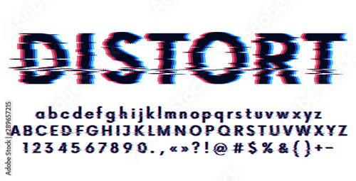 Futuristic digital distortion stylized alphabet, glitch font with lowercase and uppercase letter, numbers and symbols, 3d stereo effect, vector illustration