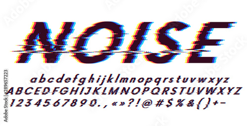 Glitch font oblique on a white background, digital image error, distortion of letters and characters, 3d stereo effect, blue and red color channel offset