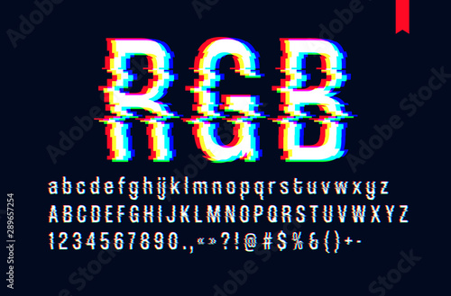 Modern style distorted glitch typeface, mixing red green and blue channel screen defect, uppercase and lowercase letters, only for a dark background