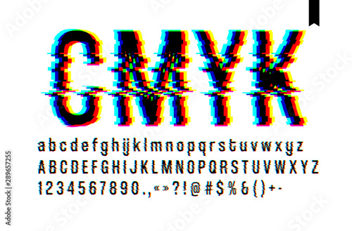 Modern style distorted glitch typeface, mixing blue pink and yellow channel screen defect, uppercase and lowercase letters, only on a light background