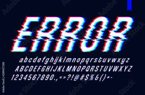 Vector font with glitch effect, Digital distorted stylized tv bug letters and numbers, vector illustration