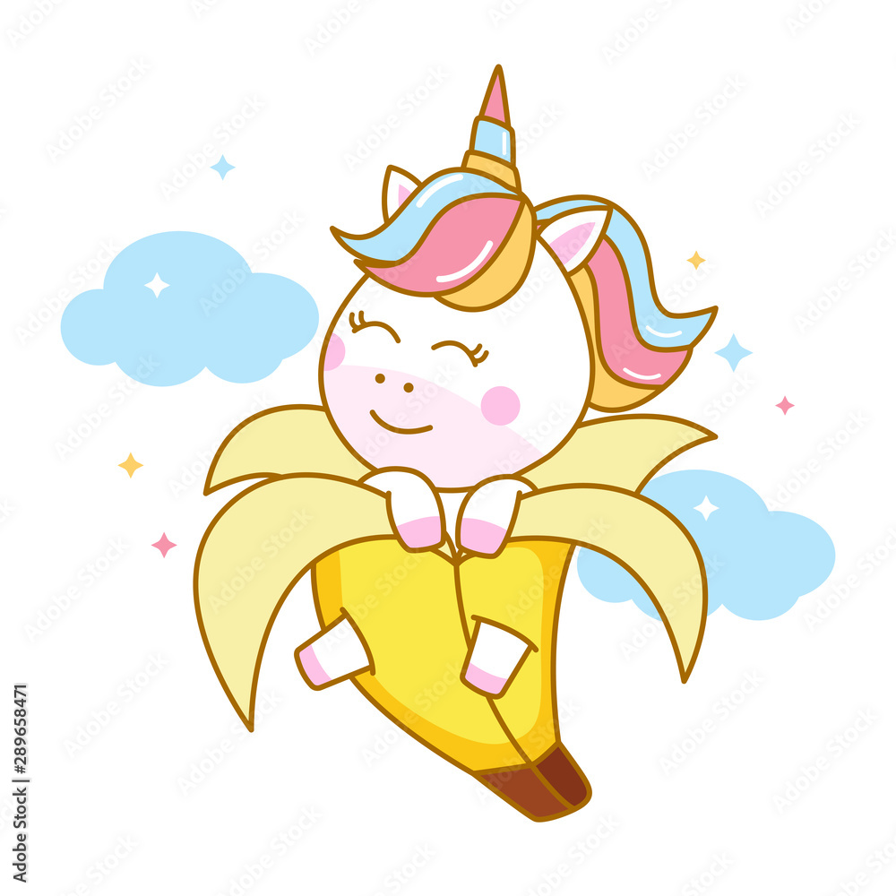 Cute unicorn inside banana peel vector character illustration Cute unicorn inside banana peel vector character illustration