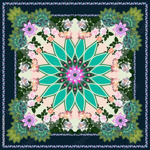 Beautiful bandana print with bouquets of roses, mandala flower and paisley border. Tablecloth, carpet, shawl with botanical ornament. Fashionable accessory.