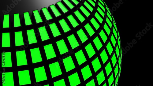Rotating black sphere with green lights all around - 3D rendering illustration