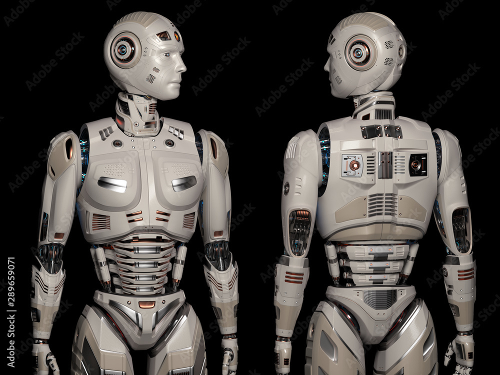 two futuristic robots or very detailed humanoids standing near each other and looking leftwards. Front and back views of the upper body. Isolated on black background. 3d render two futuristic robots or very detailed humanoids standing near each other and looking leftwards. Front and back views of the upper body. Isolated on black background. 3d render