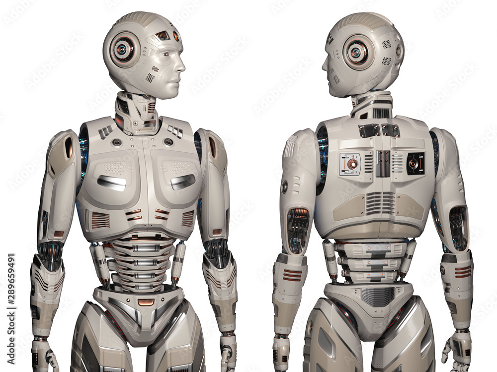 two futuristic robots or very detailed humanoids standing near each ...