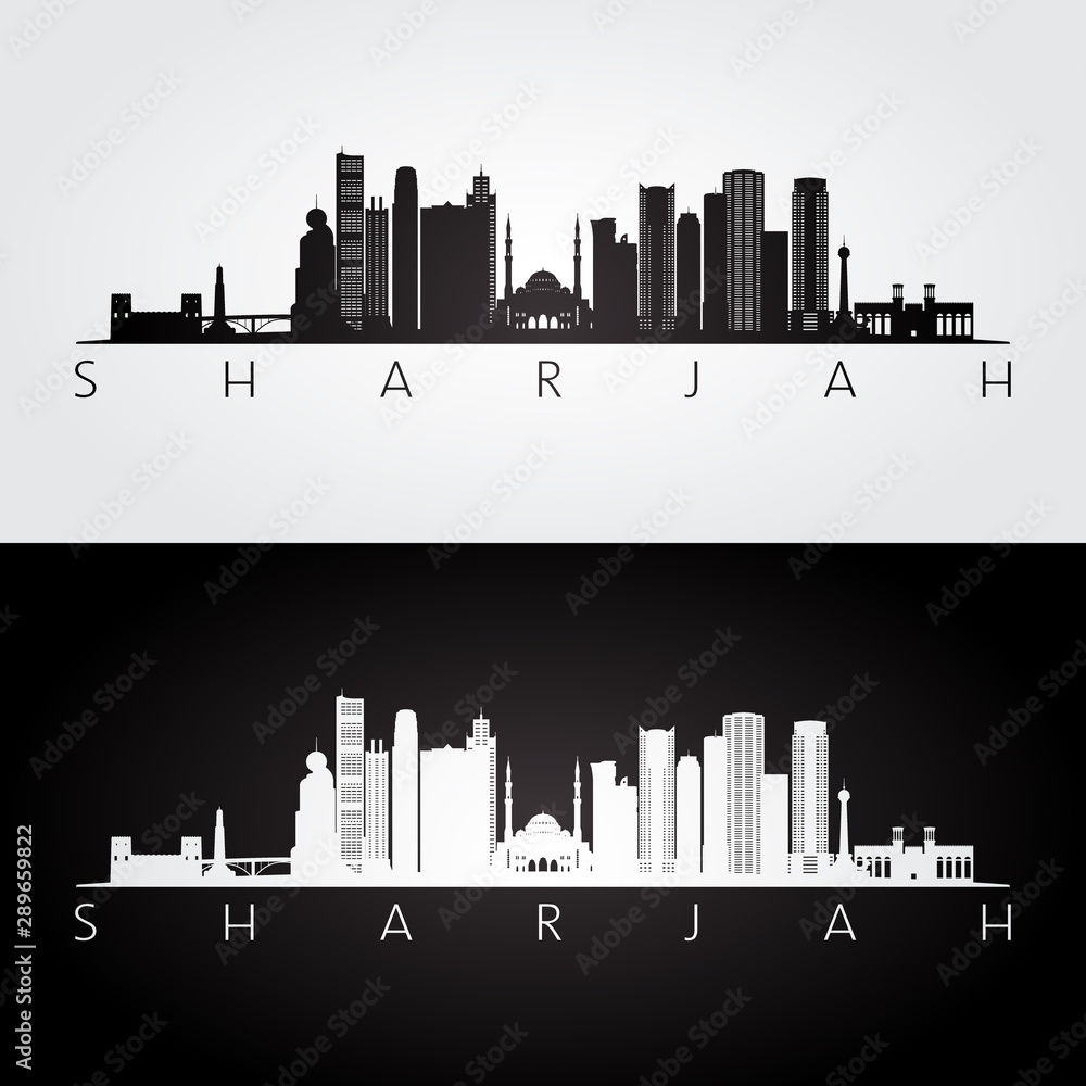 Sharjah skyline and landmarks silhouette, black and white design, vector illustration.