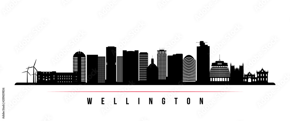Wellington skyline horizontal banner. Black and white silhouette of Wellington, New Zealand. Vector template for your design.