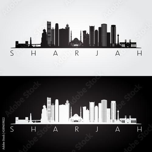 Sharjah skyline and landmarks silhouette, black and white design, vector illustration. photo