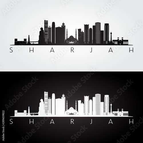 Sharjah skyline and landmarks silhouette, black and white design, vector illustration.