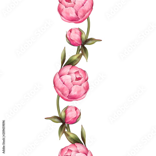 Seamless floral pattern with pink peonies. Border isolated on white
