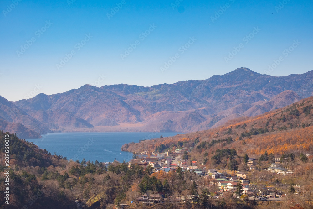  Lake Chuzenji Nikko, Japan in Autumn fall  from observation deck Akechidaira ropeway.