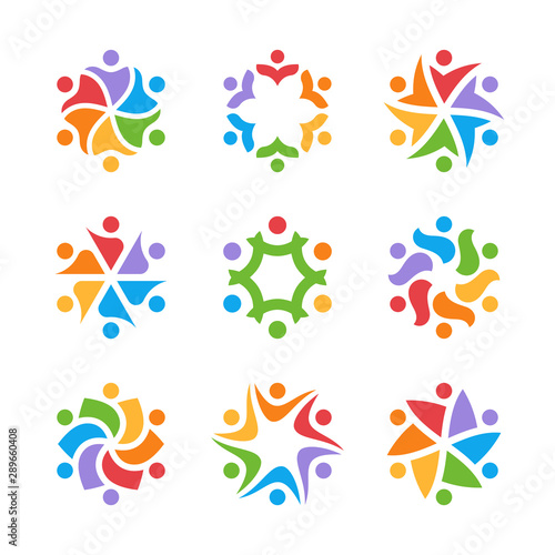 Happy people, team, group and family logo design. Social relationship, friendship, cooperation and unity symbols. Six abstract persons