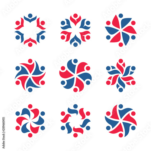 Happy people, team, group and family logo design. Social relationship, friendship, cooperation and unity symbols. Six abstract persons