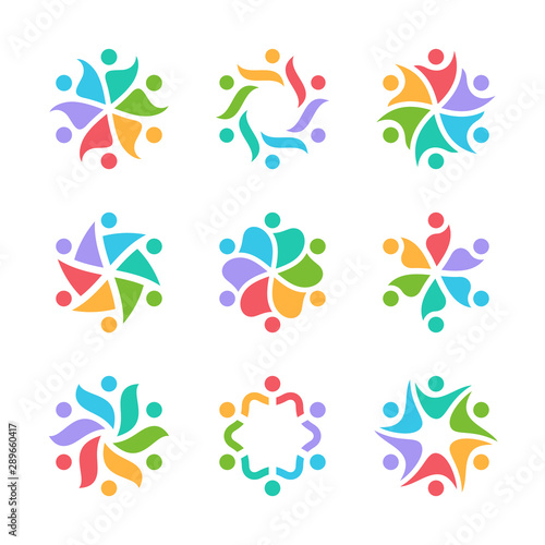 Happy people, team, group and family logo design. Social relationship, friendship, cooperation and unity symbols. Six abstract persons