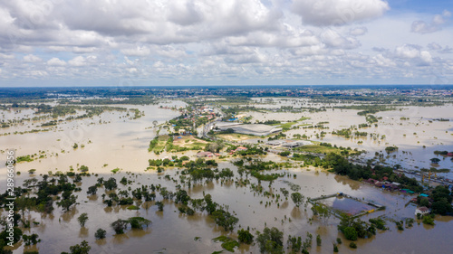 Aerial view of major floods Caused by river overflowing  Resulting in the northeast region Of Thailand adjacent to the Mun River Affected There is Ubon Ratchathani Province, Sisaket on September 14, 2