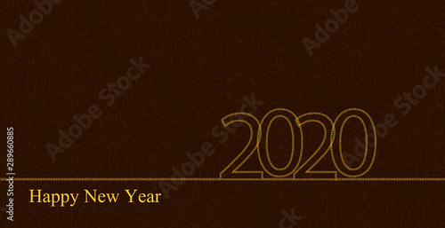 Greeting card for the new year with numbers 2020 from golden chains and a transparent Arabic ornament. Text Happy New Year. Vector illustration, minimalistic low-key style. Background design