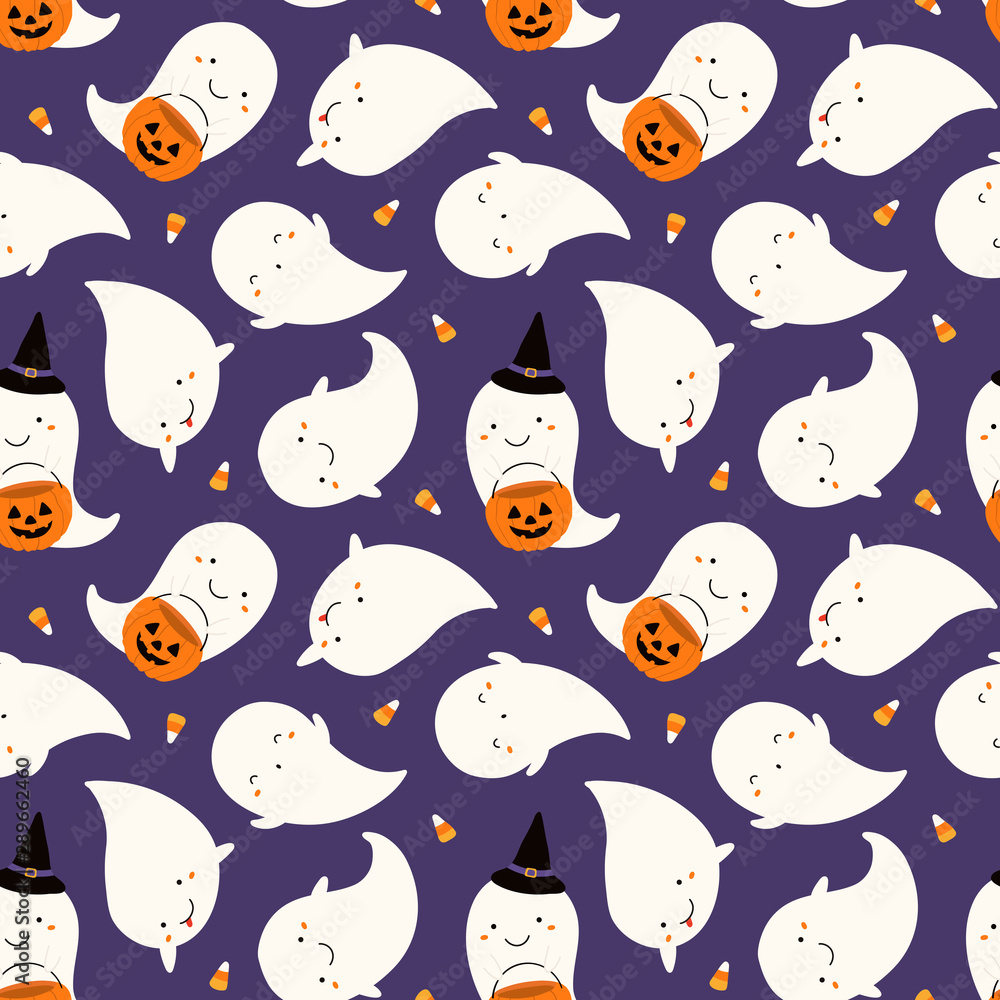 Hand drawn seamless vector pattern with cute ghosts, pumpkins, corn ...