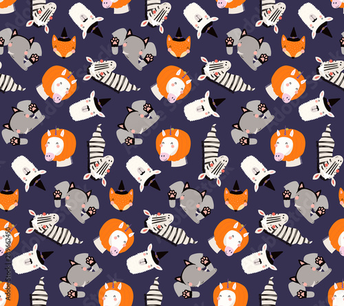 Hand drawn seamless vector pattern with cute animals in Halloween costumes, on a violet background. Scandinavian style flat design. Concept for children textile print, wallpaper, wrapping paper.