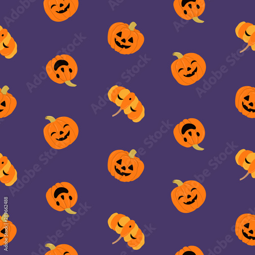 Hand drawn seamless vector pattern with cute pumpkins, jack o lanterns, on a violet background. Kawaii style flat design. Concept for Halloween textile print, wallpaper, wrapping paper, holiday decor.