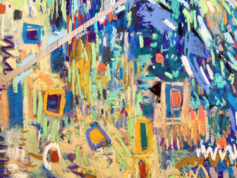 Abstract expressionism style with light clouds, blue sky. Modern textures with multicolored dots, vivid spots, impressionistic strokes. Artistic vibrant background nonskid paint. Naive backdrop