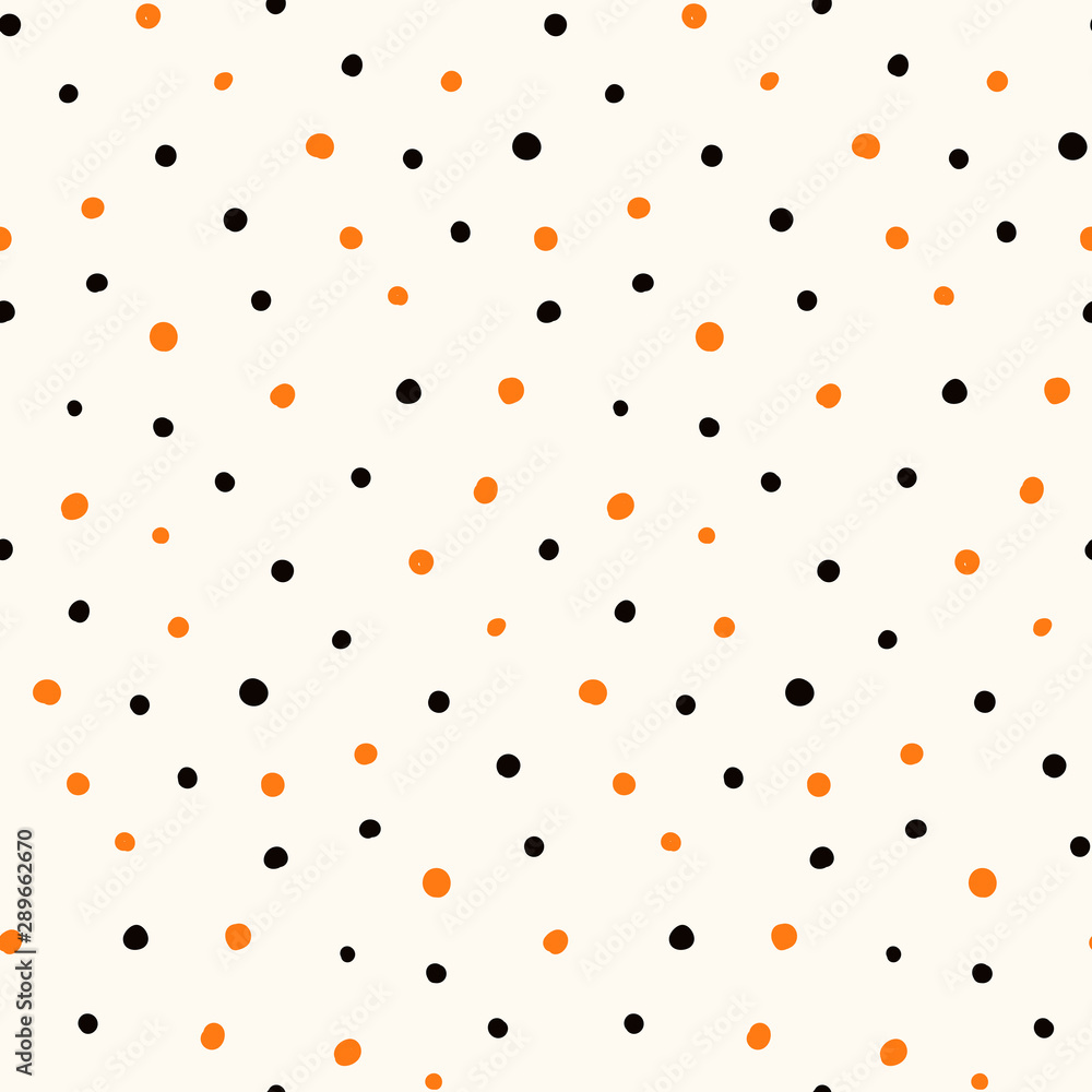 Halloween hand drawn seamless vector pattern with orange and black polka dots on a white background. Flat style design. Concept for children textile print, wallpaper, wrapping paper, holiday decor.