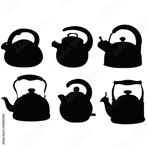 vector, on white background, sketch, black silhouette teapot with handle, set