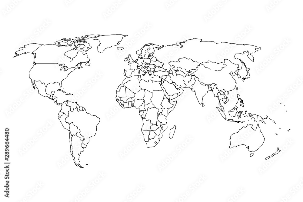 Fototapeta Wektor zarys mapa świata, na białym tle. Czarny szablon mapy, płaska ziemia. Uproszczona, uogólniona mapa świata z zaokrąglonymi narożnikami.