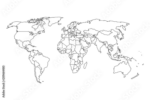 World outline map vector, isolated on white background. Black map template, flat earth. Simplified, generalized world map with round corners.