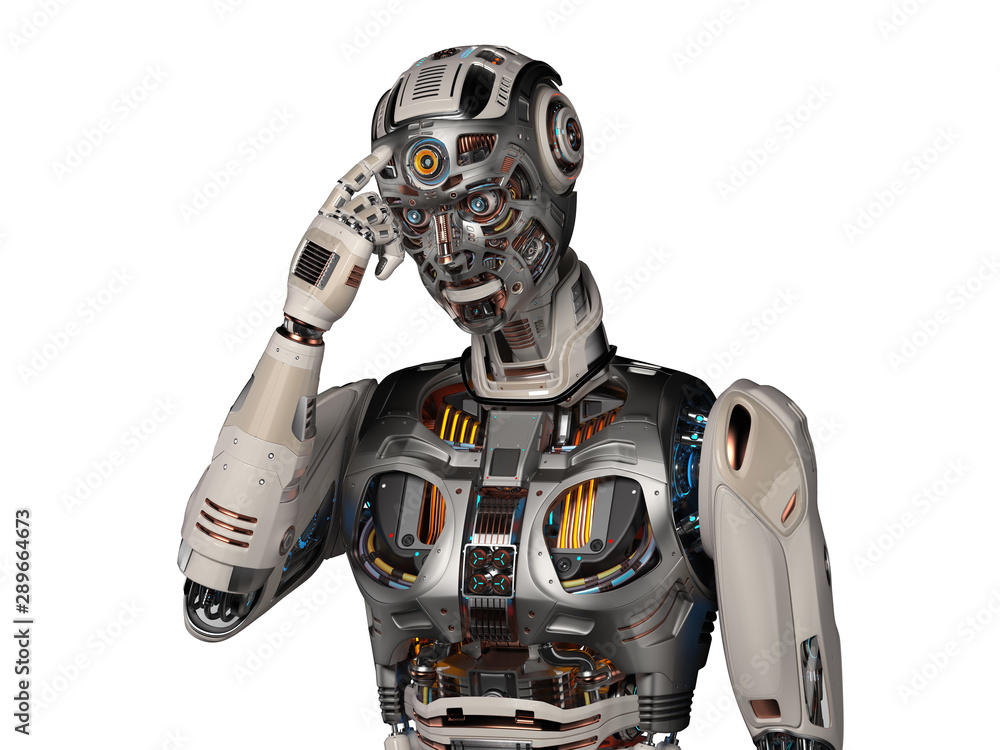 very detailed robot or futuristic android man touches his forehead or invites people to use their brain. Upper body isolated on white background. 3d render very detailed robot or futuristic android man touches his forehead or invites people to use their brain. Upper body isolated on white background. 3d render