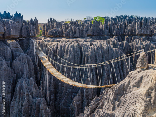 Fototapeta Naklejka Na Ścianę i Meble -  Impressive hanging bridge over the canyon at Tsingy de Bemaraha National Park, Madagascar